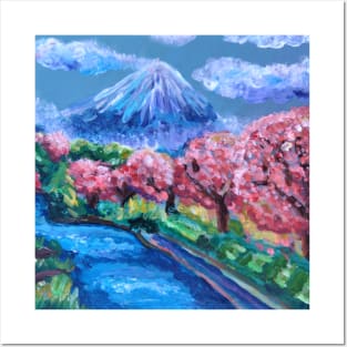 Japanese Cherry Blossom Mountain Posters and Art